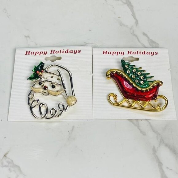 Vintage Enameled Christmas Santa's Sleigh and Santa Claus Brooch Set of 2 - Picture 1 of 4